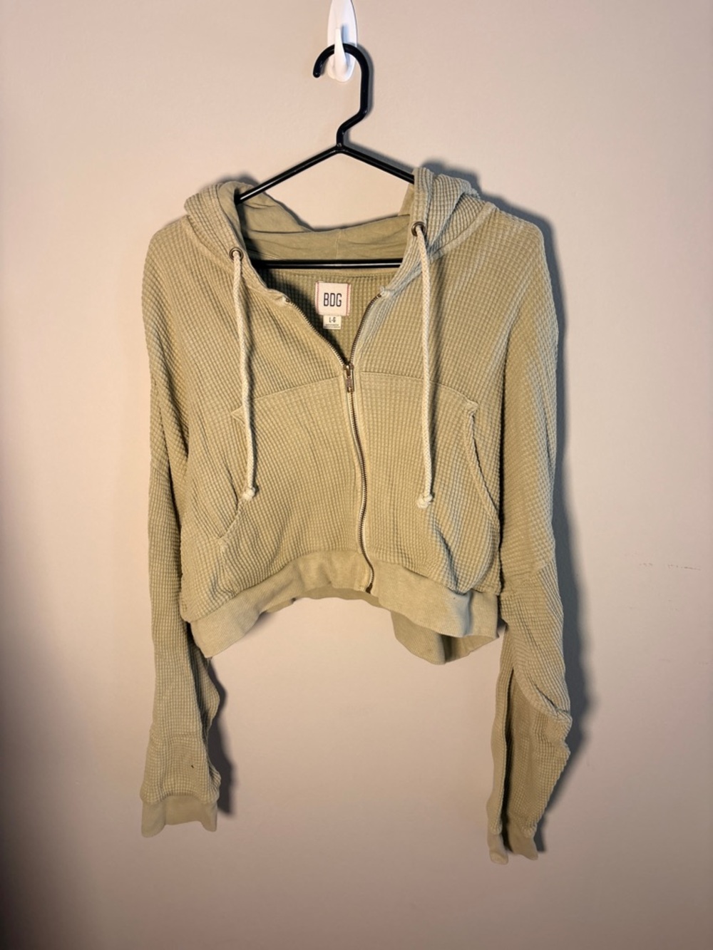 BDG Cropped Olive Waffle-Knit Zip Hoodie